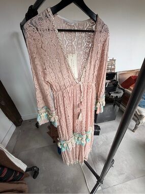 Blush Pink Lace Tassel Maxi Dress with Turquoise Accents